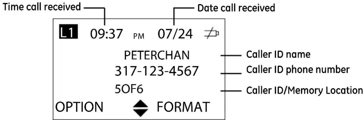 Time call received Date call received L1 09:37 PM 07/24 PETERCHAN 317-123-4567 5OF6 OPTION FORMAT Caller ID name Caller ID phone number Caller ID/Memory Location