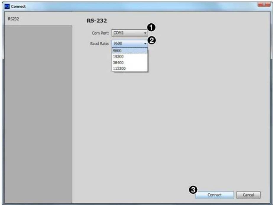 Connect RS232 RS-232 Com Port: COM1 Baud Rate: 9600 9600 19200 38400 115200 Connect Cancel