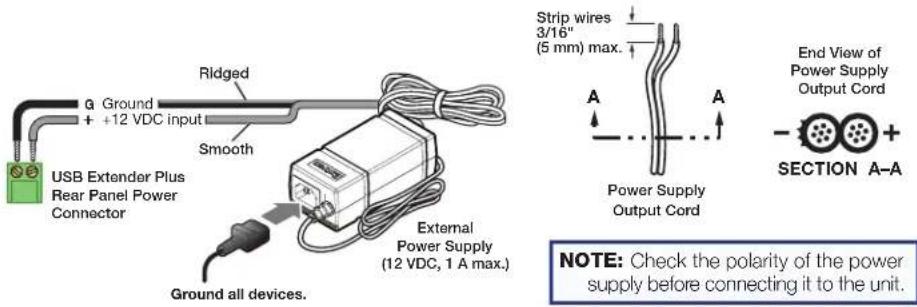 Ground + +12 VDC input Ridged Smooth USB Extender Plus Rear Panel Power Connector Ground all devices. External Power Supply (12 VDC, 1 A max.) Strip wires 3/16" (5 mm) max. A A Power Supply Output Cord End View of Power Supply Output Cord SECTION A-A NOTE: Check the polarity of the power supply before connecting it to the unit.