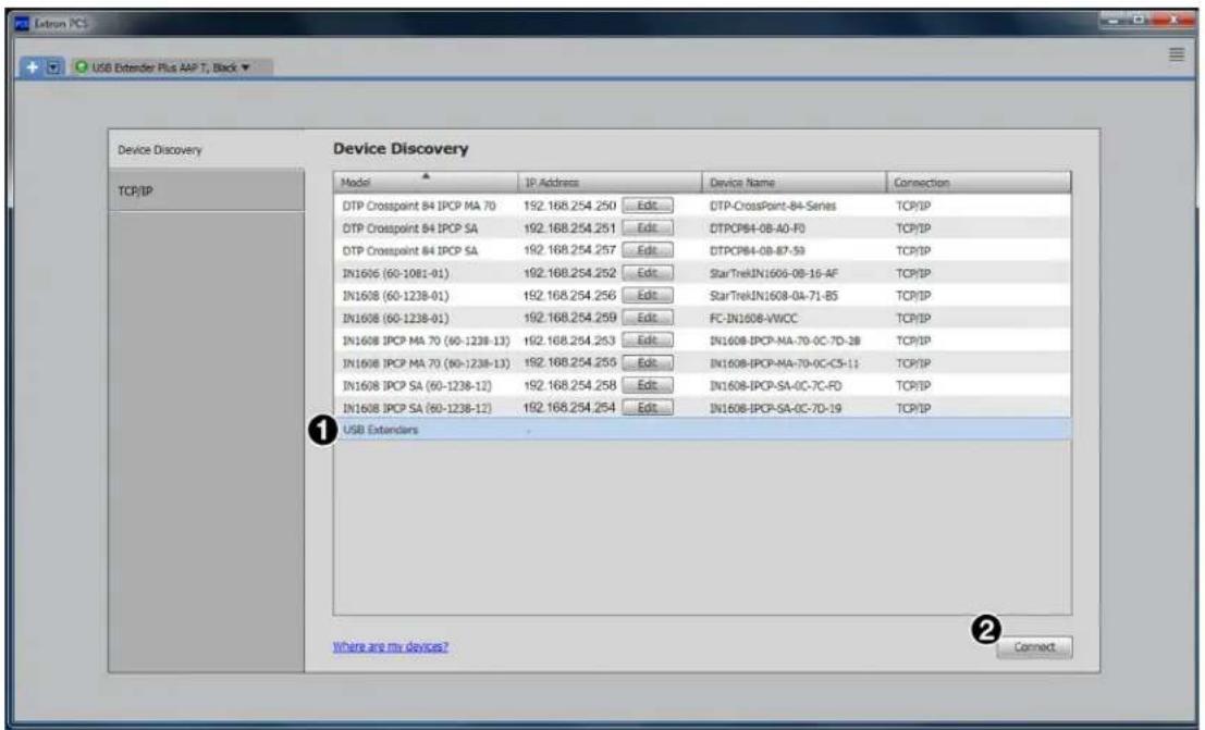 Extron PCS USB Extender Plus APT, Black ▼ Device Discovery TCP/IP Device Discovery Model IP Address Device Name Connection DTP Crosspoint 84 IPCP MA 70 192.168.254.250 Edit DTP-CrossPoint-84-Series TCP/IP DTP Crosspoint 84 IPCP SA 192.168.254.251 Edit DTPCP84-0B-A0-F0 TCP/IP DTP Crosspoint 84 IPCP SA 192.168.254.257 Edit DTPCP84-0B-87-59 TCP/IP IN1606 (60-1081-01) 192.168.254.252 Edit StarTrekJN1606-08-16-AF TCP/IP IN1608 (60-1238-01) 192.168.254.256 Edit StarTrekJN1608-04-71-B5 TCP/IP IN1608 (60-1238-01) 192.168.254.259 Edit FC-IN1608-VWCC TCP/IP IN1608 IPCP MA 70 (60-1238-13) 192.168.254.253 Edit.IN1608-IPC-MA-70-0C-7D-2B TCP/IP IN1608 IPCP MA 70 (60-1238-13) 192.168.254.255 Edit.IN1608-IPC-MA-70-0C-C5-11 TCP/IP IN1608 IPCP SA (60-1238-12) 192.168.254.258 Edit.IN1608-IPC-SA-0C-7C-F0 TCP/IP IN1608 IPCP SA (60-1238-12) 192.168.254.254 Edit.IN1608-IPC-SA-0C-7D-19 TCP/IP USB Extenders Where are my devices? Connect
