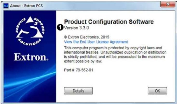 About - Extron PCS Extron. Product Configuration Software Version 3.3.0 © Extron Electronics, 2015 View the End User License Agreement This computer program is protected by copyright laws and international treaties. Unauthorized duplication or distribution is strictly prohibited, and will be prosecuted to the maximum extent possible by law. Part # 79-562-01 Details OK