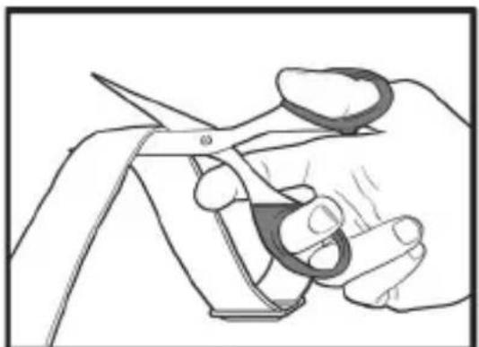 Line drawing of hands cutting a piece of scissors (no text or symbols)