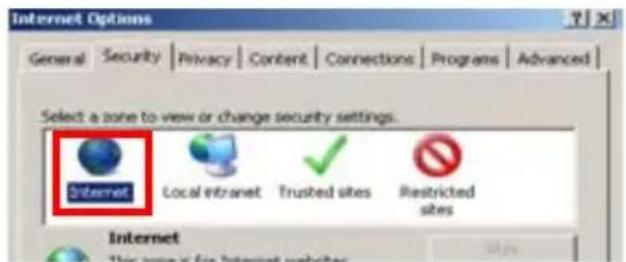 Internet Options General Security Privacy Content Connections Programs Advanced Select a zone to view or change security settings. Internet Local intranet Trusted sites Restricted sites Internet The way is for Internet website
