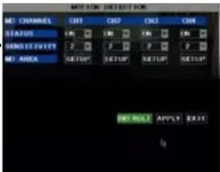 MOTION DETECTOR M3 CHANNEL CND CND CND CND STATUS EN EN EN EN SENSITIVE 2 2 2 2 M3 AREA SETUP SETUP SETUP SETUP DEFAULT APPLY EXIT Lg