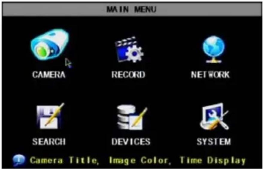 MAIN MENU CAMERA RECORD NETWORK SEARCH DEVICES SYSTEM Camera Title, Image Color, Time Display