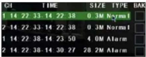 CH TIME SIZE TYPE BAK 1 14 22 33.14 22 38 0.3M Normal 2 14 22 33.14 22 38 0.3M Normal 1 14 22 38.14 23 50 4.0M Alarm 2 14 22 38.14 30 27 28.2M Alarm
