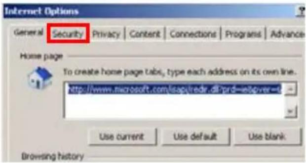 Internet Options General Security Privacy Content Connections Programs Advance Home page To create home page tabs, type each address on its own line. http://www.microsoft.com/lsacplredr.dl/prd=escover= Use current Use default Use blank Browsing history