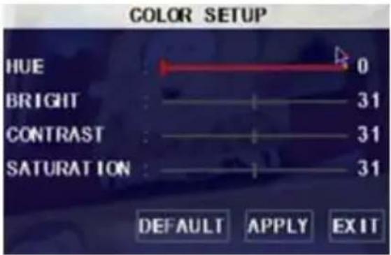 COLOR SETUP HUE 0 BRIGHT 31 CONTRAST 31 SATURATION 31 DEFAULT APPLY EXIT
