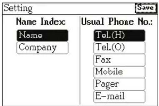 Setting Save Name Index: Name Company Usual Phone No.: Tel.(H) Tel.(O) Fax Mobile Pager E-mail