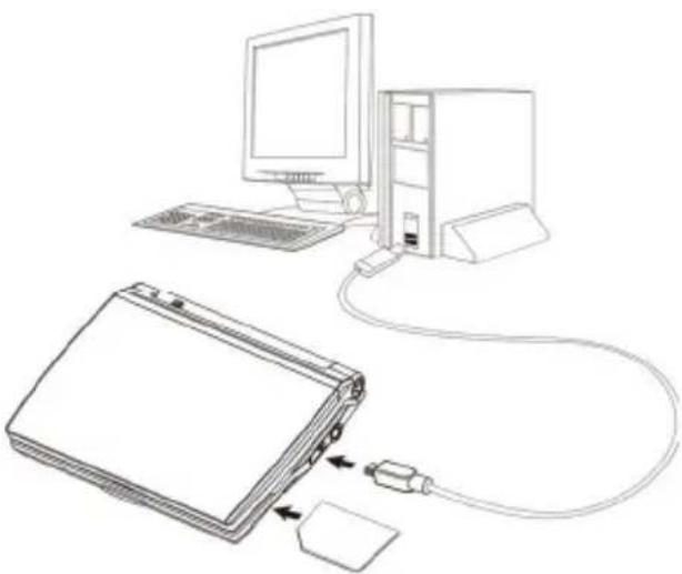 Line drawing of a laptop connected to a desktop computer via cable (no text or symbols)