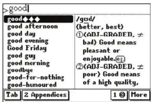 >good| good◆◆◆ /gud/ (getter, best) good afternoon good day good evening good Friday good guy good morning goodbye good-for-nothing good-humoured ①(ADJ-GRADED, ≠ bad) Good means pleasant or enjoyable. ②(ADJ-GRADED, ≠ poor) Good means of a high quality, Tab 2 Appendices 1 @ More
