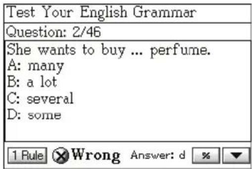 Test Your English Grammar Question: 2/46 She wants to buy ... perfume. A: many B: a lot C: several D: some 1 Rule Ⓧ Wrong Answer: d % ▼