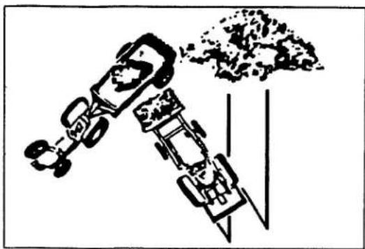 Illustration of two tractors with a pile of dust above them (no text or symbols).