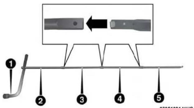 Diagram showing a mechanical or electrical component with numbered parts and an arrow indicating transformation or assembly.