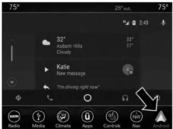 75° 28°out. 75° 32° Auburn Hills Cloudy 33° 27° Katie New message "I'm driving right now" sxm Radio Media Climate Apps Controls NW Nav Android