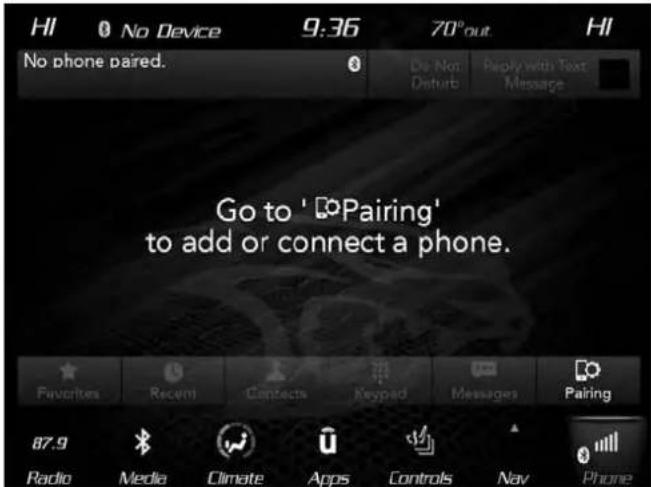 Hi No Device 9:36 70°out. HI No phone paired. Do Not: Disturb Reply with Text Message. Go to ' Pairing' to add or connect a phone. Favorites Recem Contacts Keypad Messages Pairing 87.9 Radio Media Climate Apps Controls Nav Phone