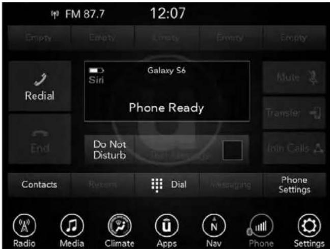 FM 87.7 12:07 Empty Empty Empty Empty Redial Galaxy S6 Siri Phone Ready End Do Not Disturb Contacts Dial Messaging Phone Settings Radio Media Climate Apps Nav Phone Settings