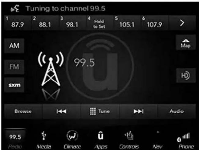 Tuning to channel 99.5 1 87.9 2 88.1 3 98.1 4 Hold to Set 5 105.1 6 107.9 > AM FM sxm 99.5 Browse Tune Audio 99.5 Radio Media Climate Apps Controls Nav Phone