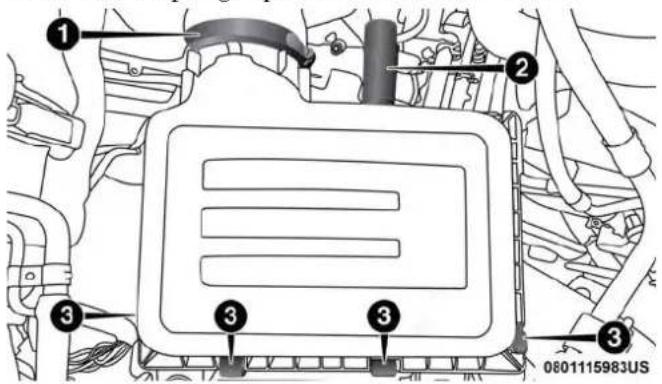 Technical diagram of a vehicle engine compartment with numbered parts and a vehicle identifier