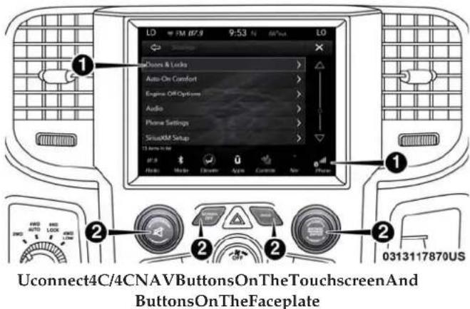 LD 1 PM 07:5 9:53 Air/Bus L0 Options & Locks Auto-On Comfort Engine Off Options Audio Phone Settings SinosXM Setup 13 Bits to 100 F2.8 Photo Mode Electric Appn Current New Phone Uconnect4C/4CNAV ButtonsOnTheTouchscreenAnd ButtonsOnTheFaceplate 0313117870US