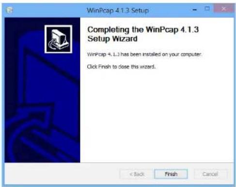 WinPcap 4.1.3 Setup Completing the WinPcap 4.1.3 Setup Wizard WinPcap 4.1.3 has been installed on your computer. Click Finish to close this wizard.