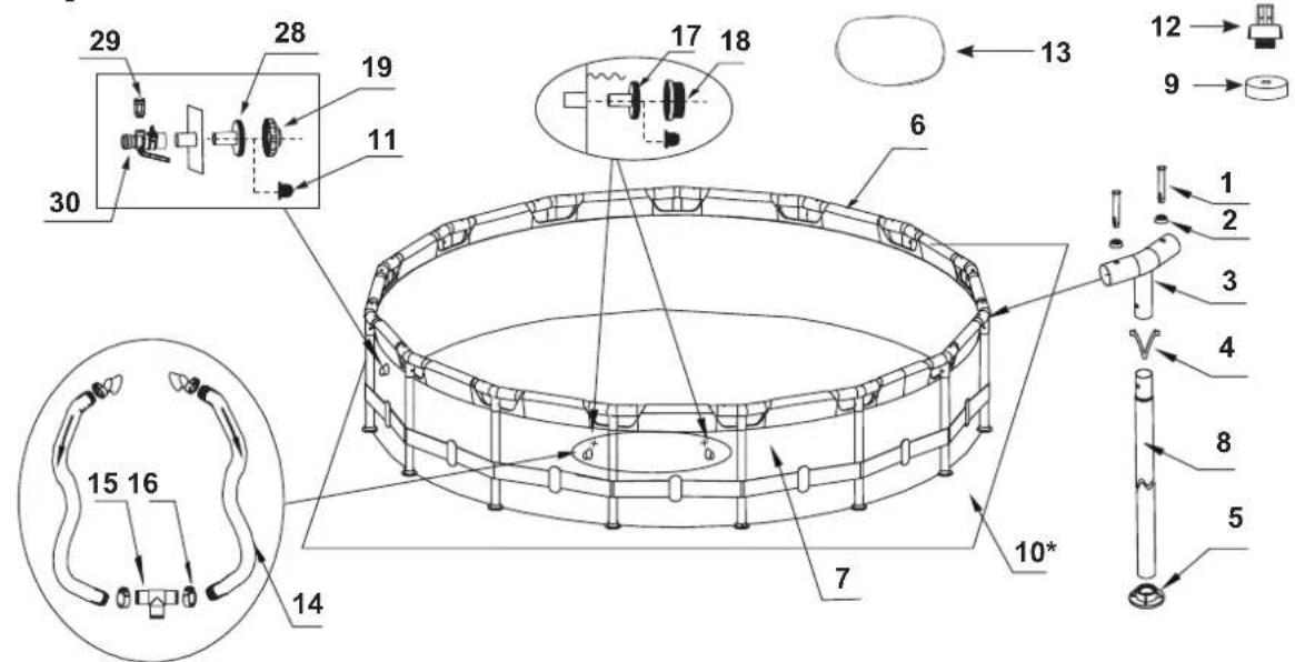 Technical diagram of a mechanical device with numbered components and labeled parts, including zoomed-in views and component labels.
