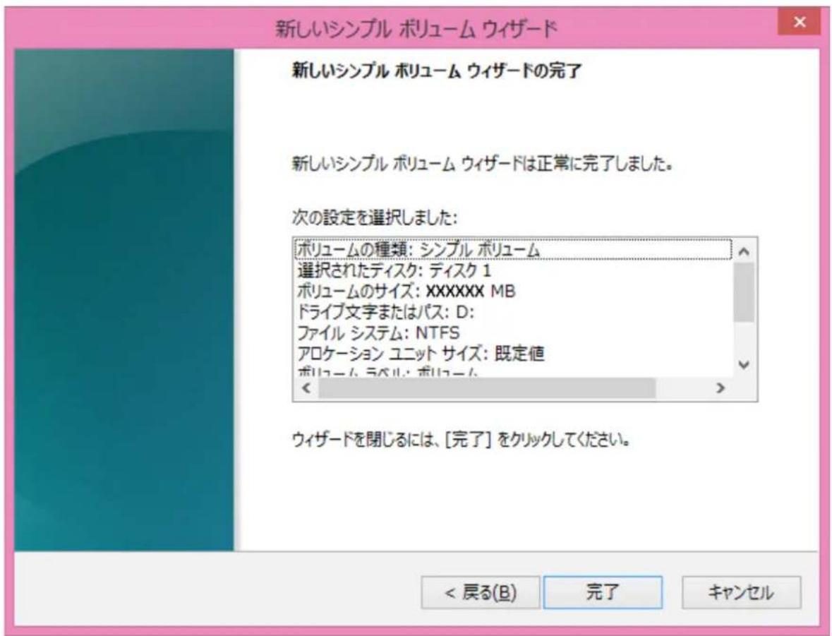 新しいシンプル ポリューム ウィザード 新しいシンプル ポリューム ウィザードの完了 新しいシンプル ポリューム ウィザードは正常に完了しました。 次の設定を選択しました: ボリュームの種類: シンプル ポリューム 選択されたディスク: ディスク 1 ボリュームのサイズ: XXXXXX MB ドライブ文字またはパス: D: ファイル システム: NTFS アロケーション ユニット サイズ: 既定値 ボリューム ラベル: ボリューム < ウィザードを閉じるには、[完了] をクリックしてください。