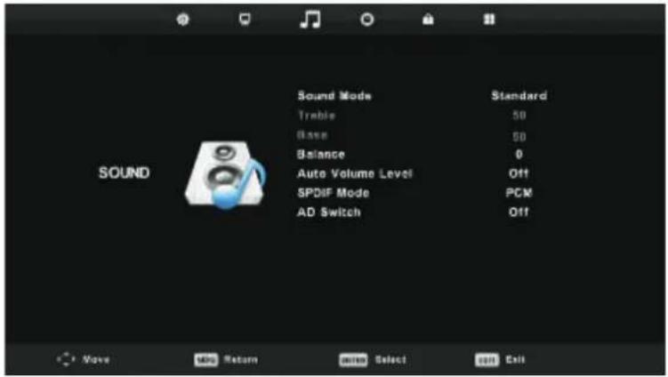 Sound Mode Trable Base Balance Auto Volume Level SPDIF Mode AD Switch Standard 50 50 0 Off PCM Off