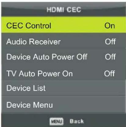 HDMI CEC CEC Control On Audio Receiver Off Device Auto Power Off Off TV Auto Power On Off Device List Device Menu MENU Back