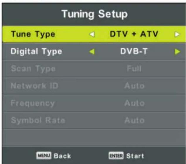 Tuning Setup Tune Type DTV + ATV Digital Type DVB-T Scan Type Full Network ID Auto Frequency Auto Symbol Rate Auto MENU Back ENTER Start