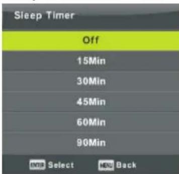 Sleep Timer Off 15Min 30Min 45Min 60Min 90Min OK Select NEW Back