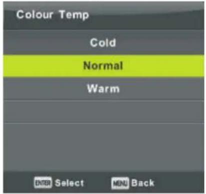 Colour Temp Cold Normal Warm ENTER Select MENU Back