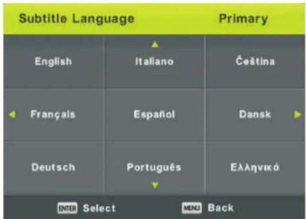 Subtitle Language Primary English Italiano Čeština Français Español Dansk Deutsch Português Ελληνικό ENTER Select MENU Back