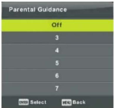 Parental Guidance Off 3 4 5 6 7 ENTER Select MENU Back