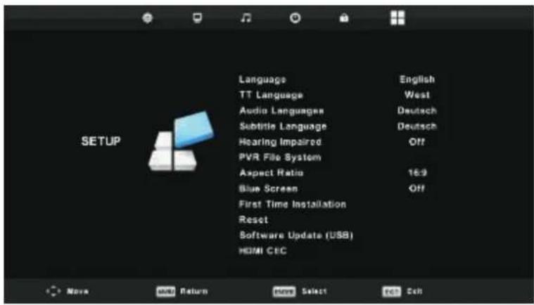 Language English TT Language West Audio Languages Deutsch Subtitle Language Deutsch Hearing Impaired Off PVR File System Aspect Ratio 16:9 Blue Screen Off First Time Installation Reset Software Update (USB) HDMI CBC