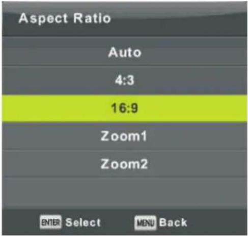 Aspect Ratio Auto 4:3 16:9 Zoom1 Zoom2 ENTER Select MENU Back