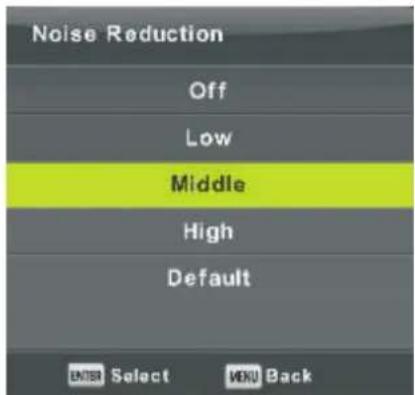 Noise Reduction Off Low Middle High Default ENTER Select MENU Back