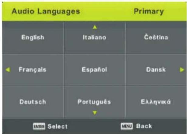 Audio Languages Primary English Italiano Čeština Français Español Dansk Deutsch Português Ελληνικό ENTER Select MENU Back