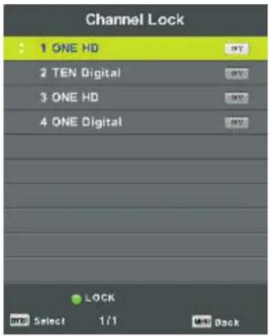 Channel Lock 1 ONE HD 2 TEN Digital 3 ONE HD 4 ONE Digital LOCK OK Select 1/1 Back
