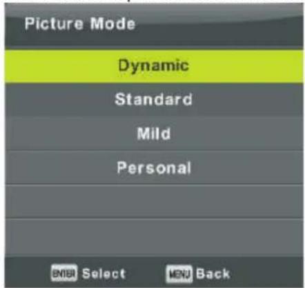 Picture Mode Dynamic Standard Mild Personal ENBR Select KEY Back