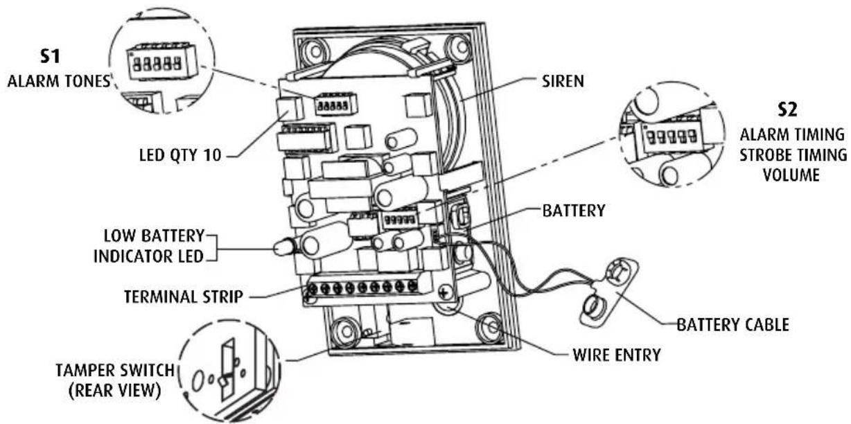 S1 ALARM TONES LED QTY 10 SIREN BATTERY LOW BATTERY INDICATOR LED TERMINAL STRIP TAMPER SWITCH (REAR VIEW) S2 ALARM TIMING STROBE TIMING VOLUME BATTERY CABLE WIRE ENTRY