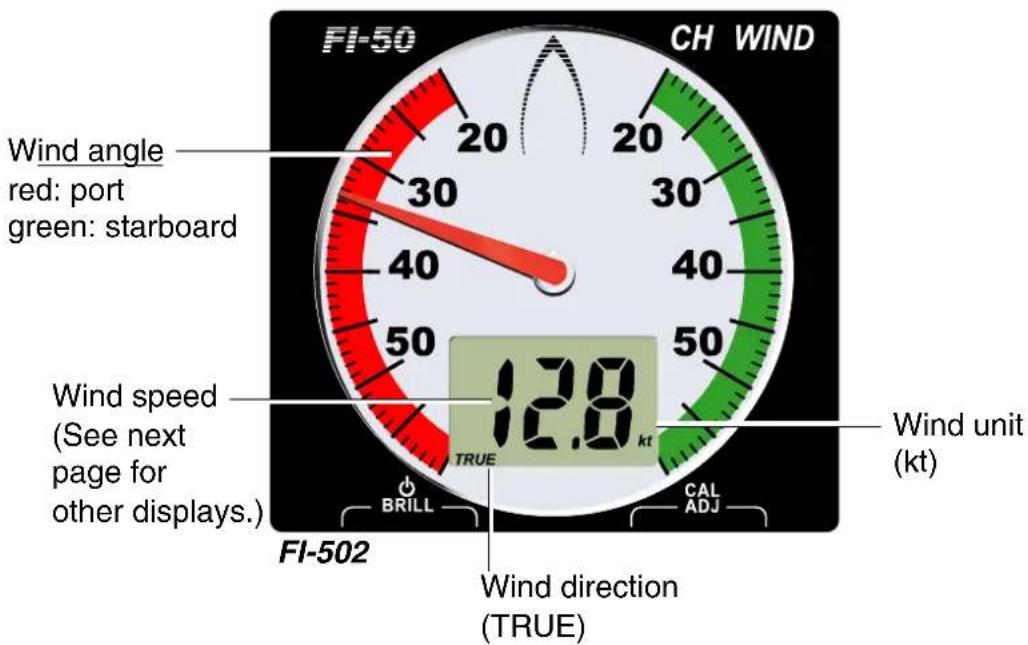 FI-50 CH WIND Wind angle red: port green: starboard Wind speed (See next page for other displays.) 12.8 kt FLI-502 BRILL CAL ADJ Wind direction (TRUE) Wind unit (kt)