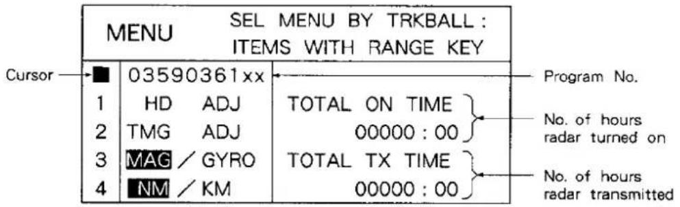 MENU SEL MENU BY TRKBALL : ITEMS WITH RANGE KEY Cursor 03590361xx 1 HD ADJ 2 TMG ADJ 3 MAG / GYRO 4 NM / KM TOTAL ON TIME 00000 : 00 TOTAL TX TIME 00000 : 00 Program No. No. of hours radar turned on No. of hours radar transmitted