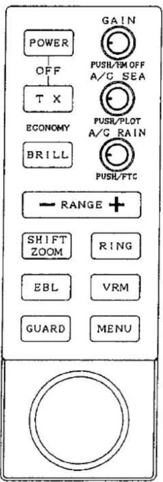 POWER OFF T X ECONOMY BRILL GAIN PUSH/TM OFF A/C SEA PUSH/PLOT A/C RAIN PUSH/FTC — RANGE + SHIFT ZOOM RING EBL VRM GUARD MENU