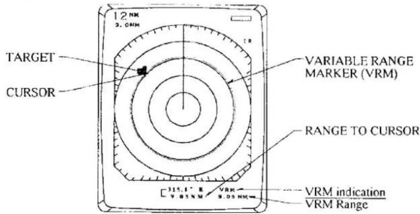 12 NM 3.0 NM TARGET CURSOR VARIABLE RANGE MARKER (VRM) RANGE TO CURSOR 315.1" R 9.05 NM VRM 9.05 NM VRM indication VRM Range