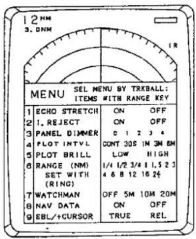 12 NM 3.0NM MENU SEL MENU BY TRKBALL: ITEMS WITH RANGE KEY 1 ECHO STRETCH ON OFF 2 1. REJECT ON OFF 3 PANEL DIMMER 0 1 2 3 4 4 PLOT INTVL CONT 30S IN 3M EN 5 PLOT BRILL LOW HIGH 6 RANGE (NM) 1/4 1/2 3/4 1 1.5 2 3 7 SET WITH 4 6 8 12 16 24 (RING) 7 WATCHMAN OFF 5M 10M 20M 8 NAV DATA ON OFF 9 EBL/+CURSOR TRUE REL