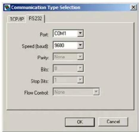 Communication Type Selection TCP/IP RS232 Port: COM1 Speed (baud): 9600 Parity: None Bits: 8 Stop Bits: 1 Flow Control: None OK Cancel