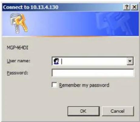 Connect to 10.13.4.130 MGP-46-4DI User name: Password: Remember my password OK Cancel