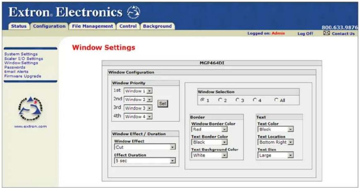 Extron® Electronics Status Configuration File Management Control Background 800.633.9876 Logged on: Admin Log Off Contact Us Window Settings MGP464DI Window Configuration Window Priority 1st Window 1 2nd Window 2 Set 3rd Window 3 4th Window 4 Window Selection 1 2 3 4 All Border Window Border Color Red Text Border Color Black Text Background Color White Text Text Color Black Text Location Bottom Right Text Size Large Window Effect / Duration Window Effect Cut Effect Duration 5 sec www.extron.com
