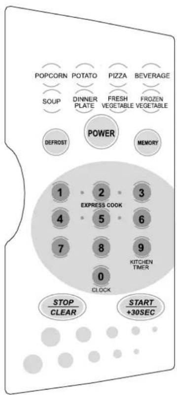 POPCORN POTATO PIZZA BEVERAGE SOUP DINNER FRESH FROZEN PLATE VEGETABLE VEGETABLE DEFROST MEMORY POWER 1 2 3 4 EXPRESS COOK 5 6 7 KITCHEN TIMER 0 CLOCK STOP CLEAR START +30SEC